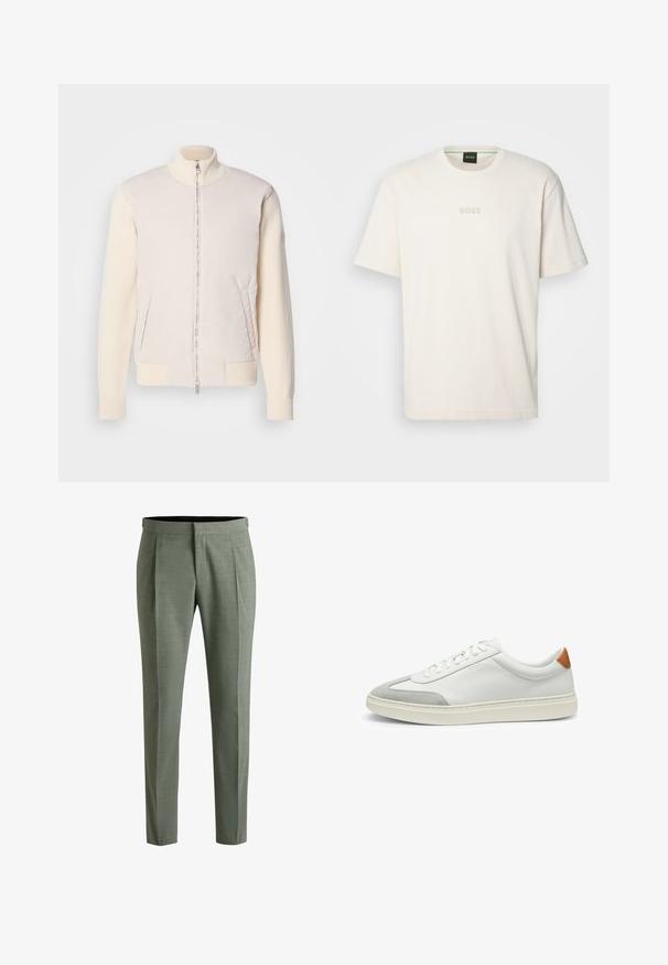Light beige jacket with a zippered front, combining a smooth upper material and textured knit sleeves, featuring side pockets and a stand collar.; BOSS TEE - Basic T-shirt - open white; Tailored trousers in a muted green fabric, featuring a subtle texture, straight cut, and side pleats for added detail.; White leather sneakers with gray suede accents and a tan leather heel tab. Features a textured surface and lightweight sole.