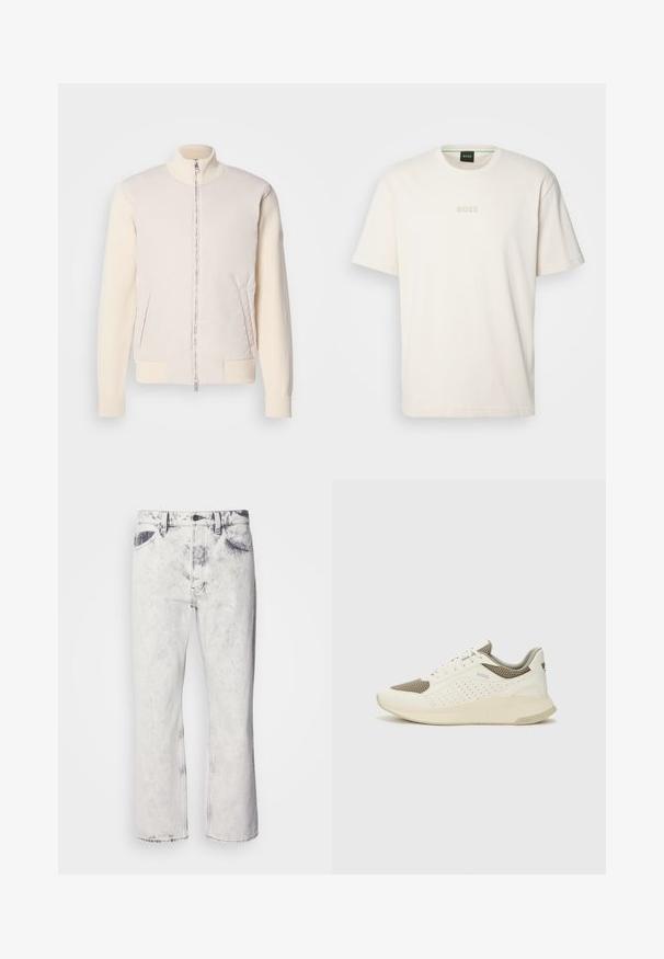 Šviesiai smėlinės spalvos švarkas su užtrauktuku priekyje, derinantis lygaus viršutinio audinio ir tekstūruotų mezginių rankoves, turi šonines kišenes ir stovinčią apykaklę.; BOSS TEE - Paprasti marškinėliai - open white; Balti džinsai su išblukusiu apdaila, tiesaus kirpimo dizainu ir kontrastingais tamsiais akcentais kišenėse. Yra mygtuko ir užtrauktuko uždarymas.; Baltas ir šviesiai bežinis sportinis kedas, su tinklo viršumi, perforuotais detalėmis ir tekstūruotu tarpine su logotipu ant kulno.