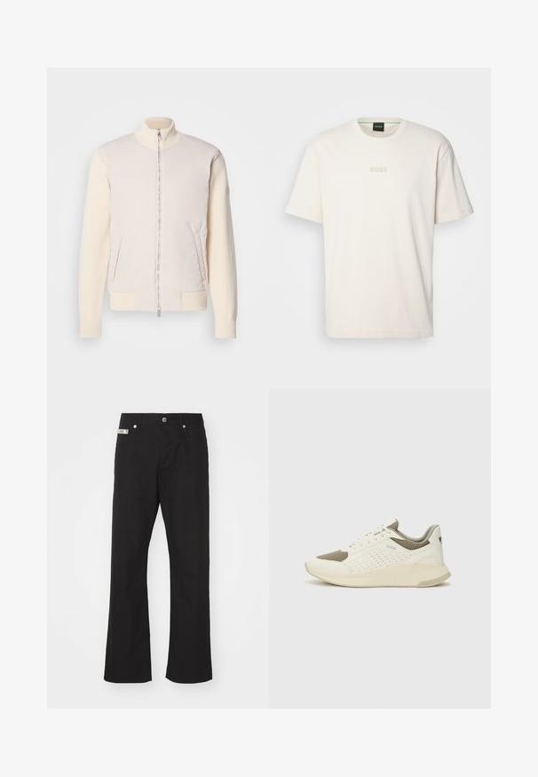 Šviesiai smėlinės spalvos švarkas su užtrauktuku priekyje, derinantis lygaus viršutinio audinio ir tekstūruotų mezginių rankoves, turi šonines kišenes ir stovinčią apykaklę.; BOSS TEE - Paprasti marškinėliai - open white; Juodos medvilnės kelnės su tiesiomis kojomis, su priekine mygtukų uždarymo sistema, dviem šoninėmis kišenėmis ir maža prekės ženklo etikete ant liemens.; Baltas ir šviesiai bežinis sportinis kedas, su tinklo viršumi, perforuotais detalėmis ir tekstūruotu tarpine su logotipu ant kulno.