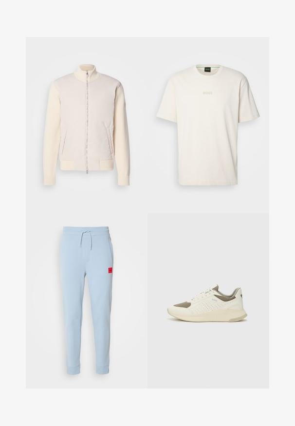 Svetlo bež jakna z zadrgo spredaj, ki združuje gladko zgornjo plast in teksturno pletene rokave, ima stranske žepe in stoječi ovratnik.; BOSS TEE - Navadna majica - open white; Svetlo modri bombažni jogging hlače z vrvico v pasu, stranskima žepoma in majhnim rdečim logotipom na levi strani. Prilegajoči manšeti na gležnjih.; Beli in svetlo bež športni copat, s mrežastim zgornjim delom, perforiranimi detajli in teksturirano srednjim delom z blagovno znamko na peti.