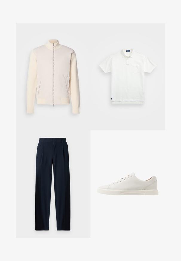 Lys beige jakke med glidelås foran, som kombinerer et glatt overmateriale og teksturerte strikkede ermer, med sidelommer og stående krage.; Hvit polo skjorte laget av bomull, med klassisk krage, tre-knapps ståkrage og lomme på venstre bryst; liten logo ved kanten.; Mørkeblå bukser med en glat overflade, vide ben, forkantplisseringer, bæltestropper og lynlås. Velegnet til både formelle og afslappede anledninger.; Hvite skinn sneakers med flat snøring, rund tå og glatt tekstur. Har gummisåle med minimale detaljf Super enkelt.