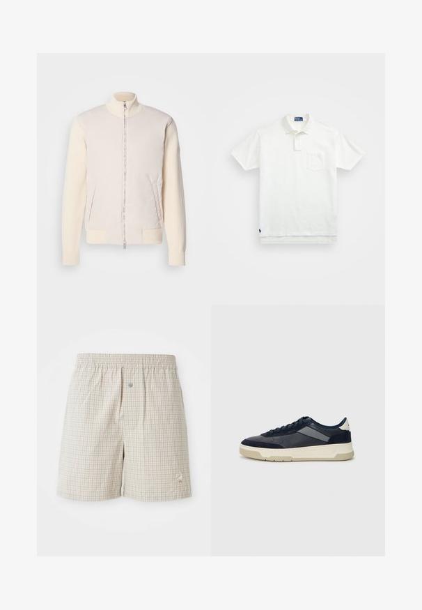 Šviesiai smėlinės spalvos švarkas su užtrauktuku priekyje, derinantis lygaus viršutinio audinio ir tekstūruotų mezginių rankoves, turi šonines kišenes ir stovinčią apykaklę.; Balta polo marškiniai pagaminti iš medvilnės, su klasikiniais kraštais, trijų mygtukų sprandeliu ir kairiuoju krūtinės kišeniu; mažas logotipas apačioje.; Pilkai smėlio spalvos šortai su švelnia tekstūra, elastingu juosmeniu ir dekoratyvine balta žąsies siuvinėjimu prie pakraščio.; BOSS BALTIMORE - Sportbačiai - open blue