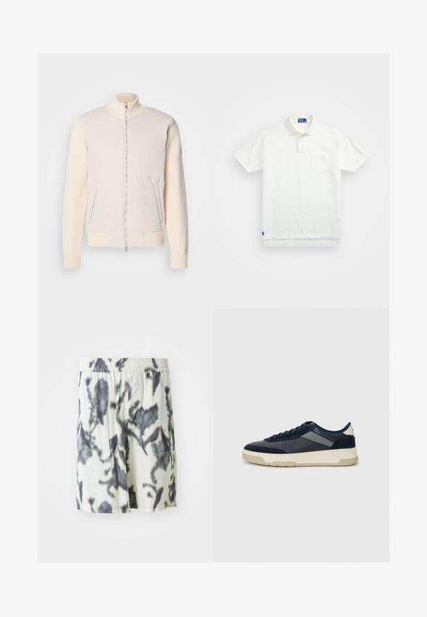 Veste beige clair avec fermeture éclair à l'avant, combinant un tissu supérieur lisse et des manches en tricot texturé, dotée de poches latérales et d'un col montant.; Polo shirt blanc en coton, avec un col classique, une patte de boutonnage à trois boutons et une poche sur la poitrine à gauche ; petit logo en bas.; Shorts blancs avec un motif tie-dye noir, dotés d'une taille élastique et d'un tissu respirant pour plus de confort. Design décontracté avec une coupe ample.; BOSS BALTIMORE - Baskets basses - open blue