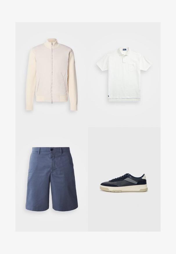 Gai bēšas krāsas jaka ar rāvējslēdzēju priekšā, apvienojot gludu augšējo materiālu un teksturētas adītas piedurknes, ar sānu kabatām un stāvu apkakli.; Balta polo krekls, izgatavots no kokvilnas, ar klasisku apkakli, trīs pogu aizdari un kreisajā krūtī kabatu; neliels logo apakšmalā.; Tumši zili kokvilnas šorti ar plakanu priekšpusi, ar vienu pogu, divām sānu kabatām un taisnu kāju griezumu. Gluda tekstūra, nav redzamu rakstu.; BOSS BALTIMORE - Sporta apavi - open blue