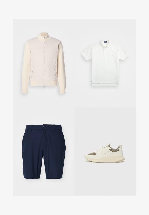 Gai bēšas krāsas jaka ar rāvējslēdzēju priekšā, apvienojot gludu augšējo materiālu un teksturētas adītas piedurknes, ar sānu kabatām un stāvu apkakli.; Balta polo krekls, izgatavots no kokvilnas, ar klasisku apkakli, trīs pogu aizdari un kreisajā krūtī kabatu; neliels logo apakšmalā.; Tumši zilas šorti no gludas auduma ar pogu aizdari, sānu kabatām un taisnu griezumu.; Baltas un gaiši bež sporta apavi, ar sieta augšdaļu, perforētiem detaļām un teksturētu vidusdaļu ar zīmolu uz papēža.