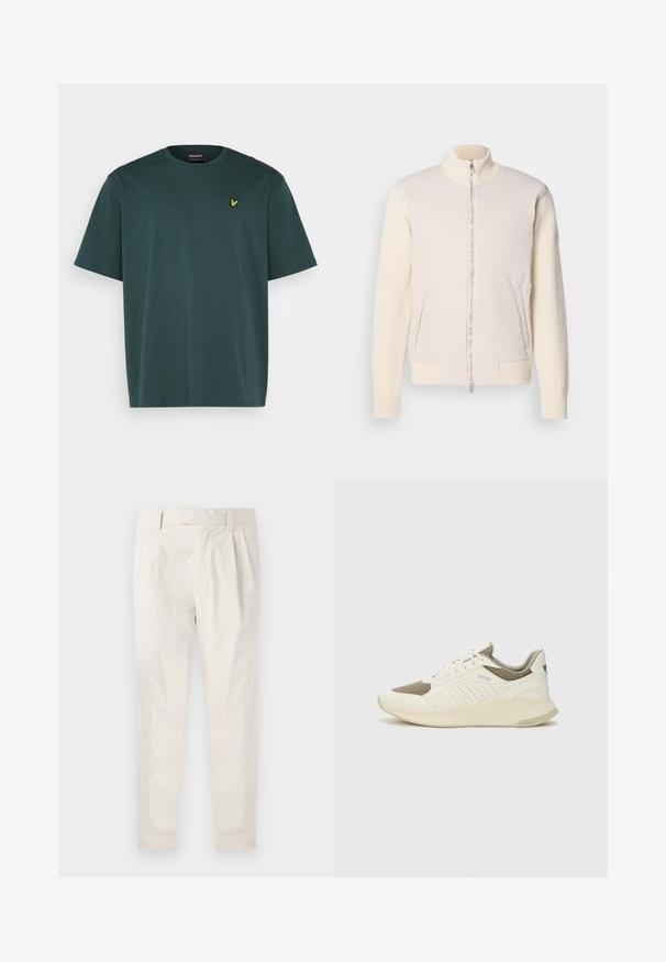Jachetă bej deschis cu fermoar frontal, combinând un material superior neted și mâneci tricotate texturate, având buzunare laterale și guler în picioare.; Lyle & Scott PLAIN - Tricou basic - teal; Pantaloni albi plisati, cu o croială ajustată, având o textură netedă, bucle pentru curea și picioare conice. Fără buzunare vizibile sau modele.; Tenis sportivi alb și bej deschis, cu un înveliș din plasă, detalii perforate și o talpă intermediară texturată, având marcaj pe călcâi.