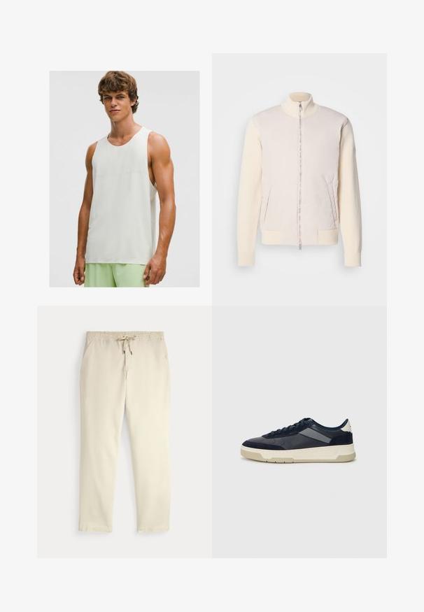 Svijetlo bež jakna s patentnim zatvaračem sprijeda, koja kombinira glatki gornji materijal i teksturirane pletene rukave, s bočnim džepovima i uspravnim ovratnikom.; Mlad muž u bezrukavnoj bijeloj sportskog majici i svijetlozelenim sportskim šortsevima, stoji naslonjen na jednostavnu bijelu pozadinu.; Bež ležerne hlače s elastičnim pojasom i uvećom, ravnim nogavicama i bočnim džepovima na jednobojnoj pozadini.; BOSS BALTIMORE - Tenisice - open blue