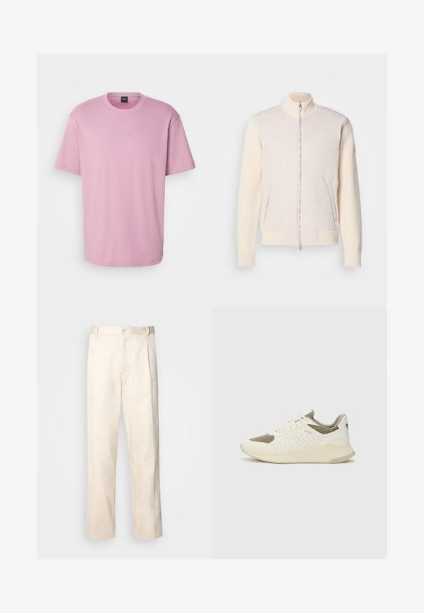 Svetlo bež jakna z zadrgo spredaj, ki združuje gladko zgornjo plast in teksturno pletene rokave, ima stranske žepe in stoječi ovratnik.; Roza bombažna majica s sproščenim krojem, okroglim ovratnikom in subtilnim embosiranim logotipom "BOSS" na prsih. Kratke rokave in gladko teksturo.; Bež cottone hlače s ravnim krojem, ki imajo gumbasto zapiranje in nabore spredaj za dodatne detajle.; Beli in svetlo bež športni copat, s mrežastim zgornjim delom, perforiranimi detajli in teksturirano srednjim delom z blagovno znamko na peti.