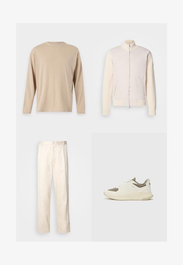 Casaco bege claro com fecho éclair à frente, combinando um material superior liso e mangas de malha texturizada, apresentando bolsos laterais e gola alta.; Camisa de mangas longas bege, feita de um tecido macio, com um corte reto, decote redondo e detalhes de costura minimalistas ao longo da bainha e das mangas.; Calças de algodão bege com corte reto, apresentando um fecho de botão e pregas na frente para um detalhe adicional.; Sapatilha atlética branca e bege claro, com parte superior em malha, detalhes perfurados e uma entressola texturizada com marcação no calcanhar.