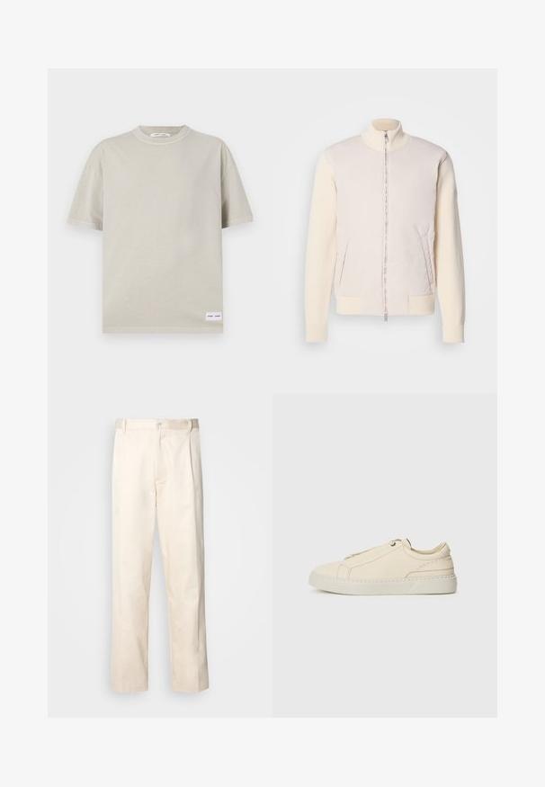 Jasno beżowa kurtka z zamkiem błyskawicznym z przodu, łącząca gładki materiał górny z teksturowanymi dzianinowymi rękawami, z bocznymi kieszeniami i stójką.; Jasnobeżowa koszulka polo z krótkim rękawem, uszyta z miękkiego materiału, z okrągłym dekoltem i małą metką na dolnym lewym rogu.; Beżowe bawełniane spodnie o prostym kroju nogawki, z zapięciem na guziki i plisami z przodu dla dodatkowego zdobienia.; Beżowe skórzane sneakersy z zaokrąglonym noskiem, minimalistycznym designem, subtelnymi przeszyciami i teksturowaną cholewką, na jasnej podeszwie.