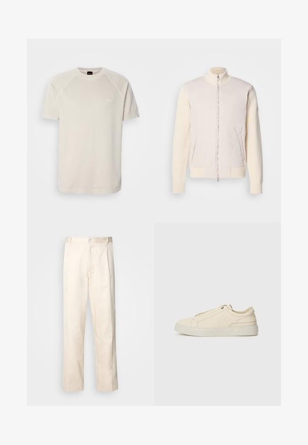 Gai bēšas krāsas jaka ar rāvējslēdzēju priekšā, apvienojot gludu augšējo materiālu un teksturētas adītas piedurknes, ar sānu kabatām un stāvu apkakli.; Gai bēšas krāsas īsām piedurknēm t-krekls ar apaļu kakla izgriezumu, ar vienkāršu dizainu un mazu baltu logotipu uz krūtīm. Mīksta auduma tekstūra.; Bežā krāsā auduma bikses ar taisnu kāju griezumu, pievienotām pogu aizdares un priekšējiem krokām papildu detaļām.; Bežīga ādas kedas ar noapaļotu purngalu, minimālistisku dizainu, smalkiem stīgām un teksturētu virsmu uz gaišas zoles.