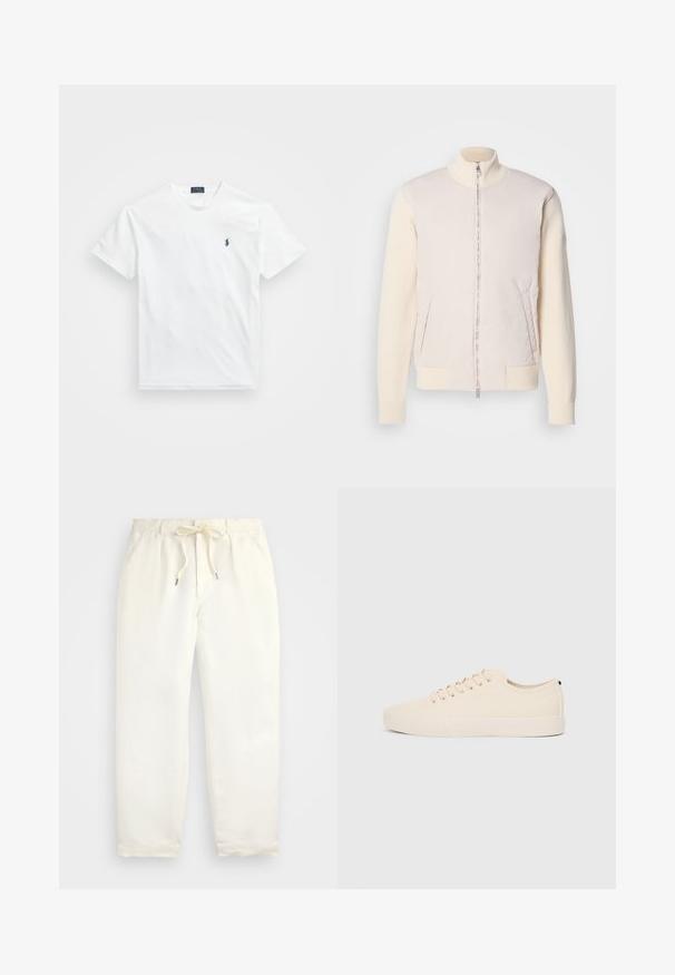 Gai bēšas krāsas jaka ar rāvējslēdzēju priekšā, apvienojot gludu augšējo materiālu un teksturētas adītas piedurknes, ar sānu kabatām un stāvu apkakli.; Balts kokvilnas T-krekls ar apaļu izgriezumu, īsām piedurknēm un nelielu tumši zilu logotipu kreisajā krūtī. Gluda tekstūra, vienkāršs dizains.; Gaiši krēmkrāsas, ikdienišķi bikses, izgatavotas no mīkstas auduma. Iespējas ietver elastīgu jostu ar auklu un sašaurinātu kāju dizainu.; Bežīgas kanvas kedas ar apaļu purngalu, plakanu gumijas zoli un auklām priekšā. Ir minimālisma dizains un kontrastējoša melna akcenta detaļa uz papēža.