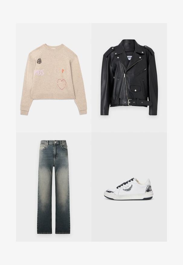 Fekete bőr motoros dzseki ezüst hardverrel, aszimmetrikus cipzárral, két elülső cipzáras zsebbel és övvel ellátott derékkal. Simaság és formázott dizájn jellemzi.; Beige cropped pulóver hímzett részletekkel. Különböző színes foltok találhatók rajta, beleértve a szöveget és egy szív mintát. Rugalmas mandzsetták és alsó szegély.; Magas derekú, egyenes szárú farmernadrág, elhalványult világos és sötét farmer színben, klasszikus öt zsebes kialakítással.; Fehér sneaker fekete akcentussal, az oldalon texturált mintázattal, fekete fűzőkkel és gumitalppal. Logó és művészeti mintázat a felső részen.