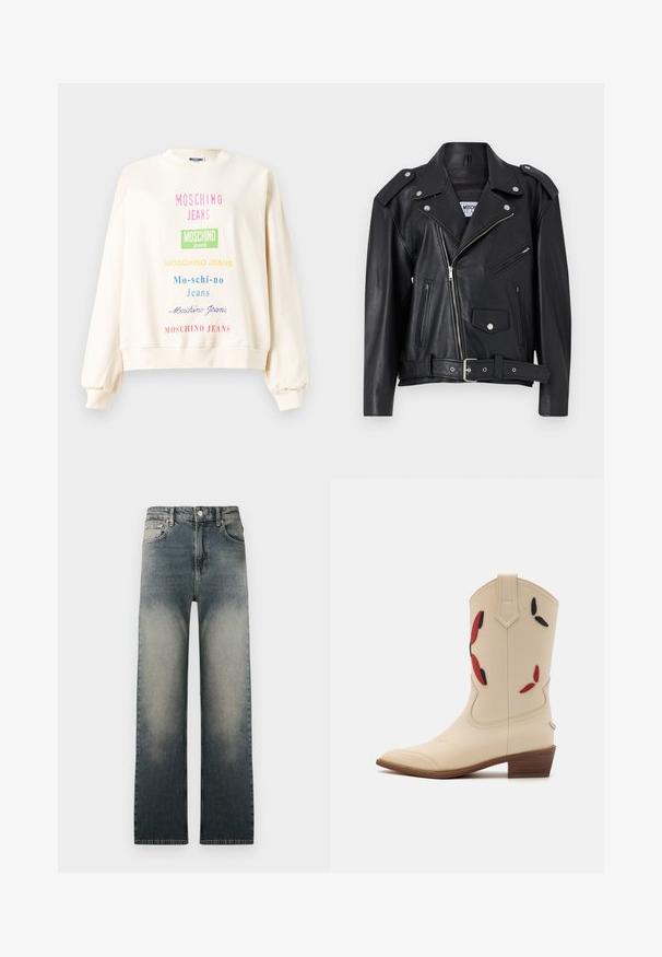 Chaqueta de motociclista de cuero negro con herrajes plateados, cierre de cremallera asimétrico, dos bolsillos frontales con cremallera y cintura con cinturón. Textura suave y diseño estructurado.; Sudadera color crema de mangas largas, con varios diseños de texto colorido de "Moschino Jeans", que incluyen fuentes en bloque y en cursiva.; Jeans de pierna recta de cintura alta con lavado de denim claro y oscuro desvanecido y diseño clásico de cinco bolsillos.; Botas de vaquero de cuero beige con punta afilada, tacón bajo apilado y aplicación decorativa de flores rojas y negras en el caña.