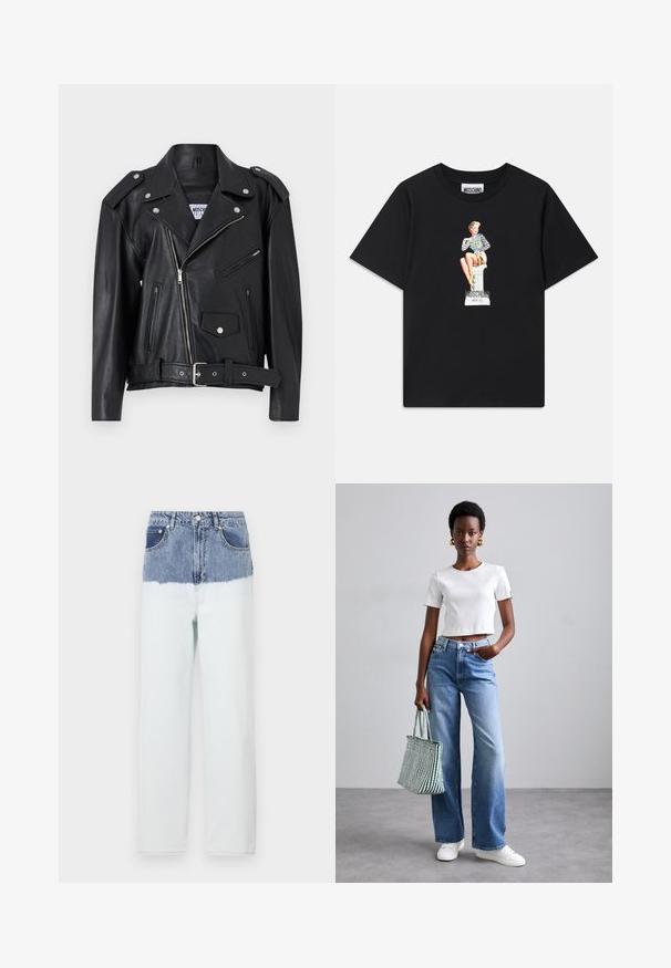 Čierna kožená motorkárska bunda so striebornými detailami, asymetrické zapínanie na zips, dva predné zipsové vrecká a opasok v páse. Hladký povrch a štruktúrovaný dizajn.; Čierne bavlnené tričko s potlačou, na ktorej je žena v pruhovanom topu, sediaca na podstavci s textom "Moschino Jeans" pod ňou.; Džínsy s modrou hornou časťou, ktorá prechádza do svetlejšej modrej dolnej časti. Obsahujú päť vreciek, zapínanie na gombík a rovný strih nohavíc.; Biely rebrovaný krátky top, svetlomodré široké džínsy a biele tenisky. Drží zeleno-bielo pruhovanú tašku.