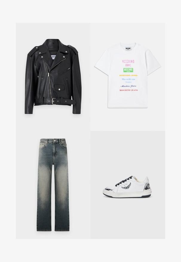 Juodas odinis motociklininko švarkas su sidabro detalėmis, asimetriška užtrauktuko uždarymo sistema, dvi priekinės užtrauktuko kišenės ir diržo juostos ош. Lygus tekstūra ir struktūrizuotas dizainas.; Balta medvilninė marškinėliai su keliais tekstiniais logotipais rožinės, žalios, geltonos, mėlynos ir raudonos spalvų, išdėstyti vertikaliai priekyje.; Aukštos juosmeniu tiesaus kirpimo džinsai su išblukusia šviesia ir tamsiai mėlyna džinsų skalbimo spalva bei klasikinio penkių kišenių dizainu.; Baltieji sportbačiai su juodais akcentais, turintys tekstūruotą dizainą šone, juodus raištelius ir guminį padas. Ant viršaus - logotipas ir piešinys.