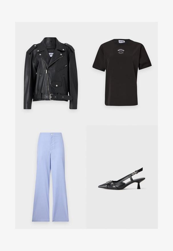 Melna ādas motocikla jaka ar sudraba detaļām, asimetrisks rāvējslēdzēja aizvērums, divi priekšējie rāvējslēdzēja kabati un jostas viduklis. Gluda tekstūra un strukturēts dizains.; Melna kokvilnas t-kreklu ar īsām piedurknēm, ar apaļa kakla izgriezumu un balto izšūto logo "Moschino Jeans" uz krūts.; Zili un balti svītraini platajiem biksēm, ar augsto jostu, augšdaļā pieguļošām, ar priekšējo pogu aizdari un gludu tekstūru.; Melnas ādas šlipsveida kurpes ar norādītu purngalu, dekoratīvām joslām ar metāla acīm un zemu bloku papēdi. Teksturēta virsma.