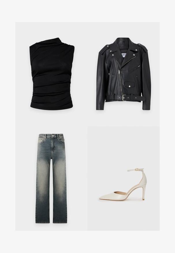 Must hoone nahast mootorratturite jakk hõbedase sisustusega, asümmeetrilise luku sulgemisega, kahe esise luku taskuga ja vööga taljes. Sile tekstuur ja struktureeritud disain.; Mustvalge ilma varrukateta top, millel on asümmeetriline kaelus, koos kogutud kangaga tekstuuri lisamiseks ja sobiva silueti loomiseks. Sile, elastne materjal.; Kõrge vöökohaga sirged teksad, millel on pleekinud heleda ja tumeda denimi pesu ning klassikaline viie-tasku disain.; Valgete nahast kõrge kontsaga kingad, terava varbaga, ankle strapiga ja kitsaste stiletto kontsadega. Sile tekstuur koos peene läikega.