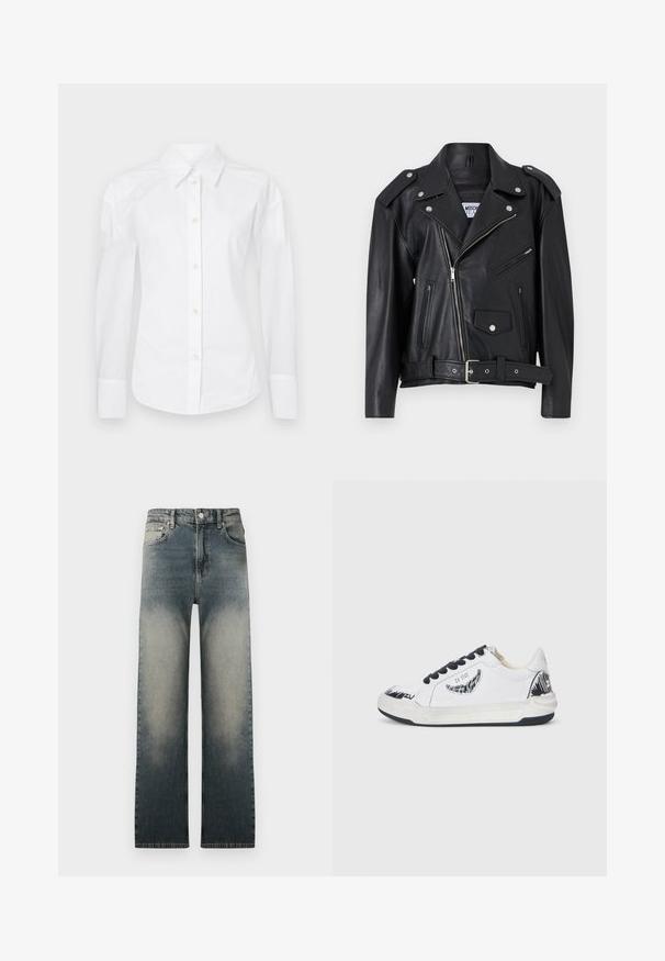 Melna ādas motocikla jaka ar sudraba detaļām, asimetrisks rāvējslēdzēja aizvērums, divi priekšējie rāvējslēdzēja kabati un jostas viduklis. Gluda tekstūra un strukturēts dizains.; Balts krekls ar uzdību, izgatavots no kokvilnas. Iezīmē klasisku apkakli, garām piedurknēm un standarta pogu rindu ar bēšām pogām. Gluda tekstūra.; Augsta vidukļa taisna griezuma džinsi ar izbalējušu gaišu un tumšu denimu un klasisko piecu kabatu dizainu.; Bieli sporta apavi ar melniem akcentiem, ar teksturētu dizainu sānos, melnām auklām un gumijas zoli. Logo un mākslas darbs augšdaļā.