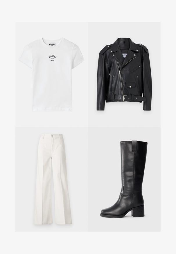 Melna ādas motocikla jaka ar sudraba detaļām, asimetrisks rāvējslēdzēja aizvērums, divi priekšējie rāvējslēdzēja kabati un jostas viduklis. Gluda tekstūra un strukturēts dizains.; Balts kokvilnas T-krekls ar melnu apdrukātu logo uz krūšu, kurā redzams zīmola nosaukums "MOSCHINO" un gads "86-23". T-krekla apkakle ir apaļa, un tam ir īsas piedurknes.; Baltas platfita bikses, izgatavotas no kokvilnas ar gludu tekstūru. Aprīkotas ar priekšējo pogu, rāvējslēdzēju un četru kabatu dizainu.; Melnas ādas augstas līdz ceļgaliem zābaki ar gludu tekstūru, kvadrātveida purngaliem, blokveida papēdi un sānu cilpu, ar minimālām šuvju detaļām.