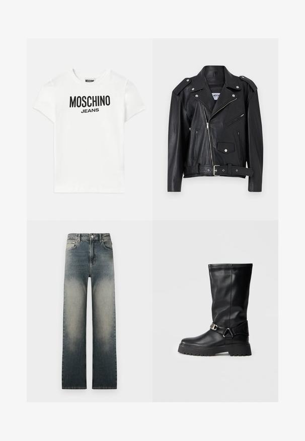 Melna ādas motocikla jaka ar sudraba detaļām, asimetrisks rāvējslēdzēja aizvērums, divi priekšējie rāvējslēdzēja kabati un jostas viduklis. Gluda tekstūra un strukturēts dizains.; Balts kokvilnas T-krekls ar īsām piedurknēm. Priekšpusē ir melnā krāsā izdrukāts teksts "MOSCHINO JEANS", apļveida kakla izgriezums un standarta piegriezums.; Augsta vidukļa taisna griezuma džinsi ar izbalējušu gaišu un tumšu denimu un klasisko piecu kabatu dizainu.; Melnas ceļa augstās zābakus, izgatavotus no gludas ādas, ar sprādzes akcentu sānos un biezu, teksturētu zoli labākai saķerei.
