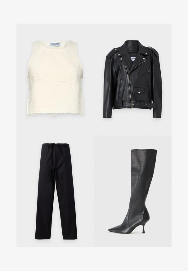 Musta nahkainen moottoripyöräjacketti, jossa on hopeiset yksityiskohdat, epäsymmetrinen vetoketjusulku, kaksi etupuolen vetoketjullista taskua ja vyötärölle tehty vyö. Sileä pinta ja jämäkkä muotoilu.; Lyhennetty, hihaton toppi off-white puuvillasta, jossa on karkea helma. Ominaisuuksia ovat pyöreä pääntie ja hienovaraiset saumuriteokset. Logotunnus sisäpuolella.; Mustat, keskipainoiset housut, joissa on nauhavyötärö, suora lahkeiden muotoilu, ilman näkyviä kuvioita tai koristeita. Sujuva rakenne.; Polvisuuriset mustat nahkasaappaat, joissa on terävä kärki ja hoikka stiletto-korko. Silkkinen pinta, tiukka muotoilu ja ompeleet yläreunassa.