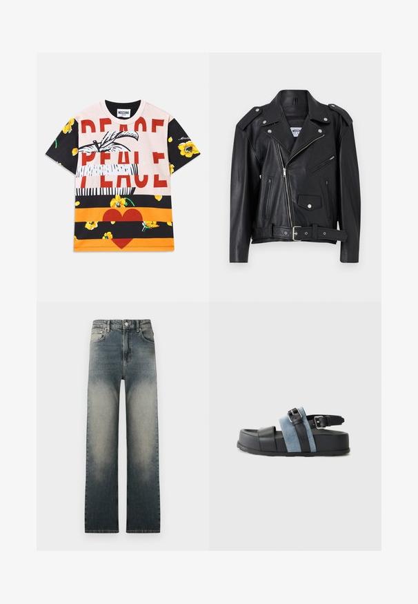 Svart läderbikerjacka med silverdetaljer, sned dragkedjestängning, två framdragkedjefickor och bälte i midjan. Slät textur och strukturerad design.; Bomullströja med en grafisk blandning av blommönster, fet "PEACE"-text i rött och randiga sektioner i svart, orange och kräm.; Höga raka jeans med blekt ljus- och mörk denimtvätt och klassisk femfickdesign.; Svart och blå sandal med en tjock plattform, läder- och denimmaterial, justerbar spänne och öppen tå-design.