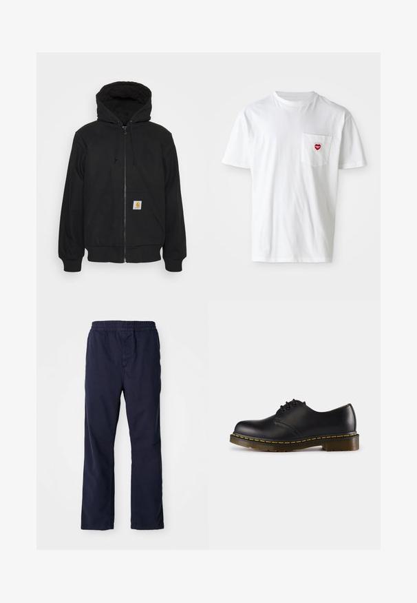 Sudadera con cremallera negra y capucha acolchada, con cordones y bolsillos delanteros. Presenta un parche con el logo en el bolsillo izquierdo y puños de canalé.; Camiseta de algodón blanca con escote redondo y mangas cortas. Presenta un pequeño logo de corazón rojo en el bolsillo izquierdo del pecho.; Pantalones de algodón azul marino con cintura elástica, diseño de pierna recta y detalles de costura sutiles. Textura suave, sin bolsillos visibles.; Zapato de cuero negro con punta redondeada, diseño de cordones, costuras amarillas a lo largo de la suela y suela de goma gruesa y texturizada.