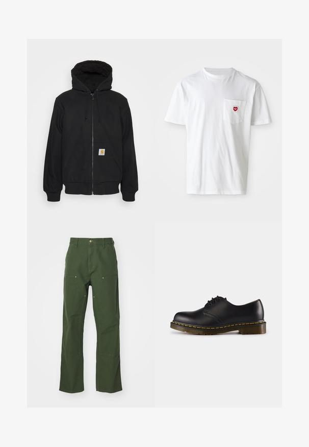 Black zip-up hoodie with a quilted hood, drawstrings, and front pockets. Features a logo patch on the left pocket and ribbed cuffs.; White cotton t-shirt with a round neckline and short sleeves. Features a small red heart logo on the left chest pocket.; Green cotton trousers with a straight leg design, featuring front and back pockets, gold-tone hardware, and reinforced knee patches.; Black leather shoe with rounded toe, lace-up design, yellow stitching along the sole, and a chunky, textured rubber outsole.