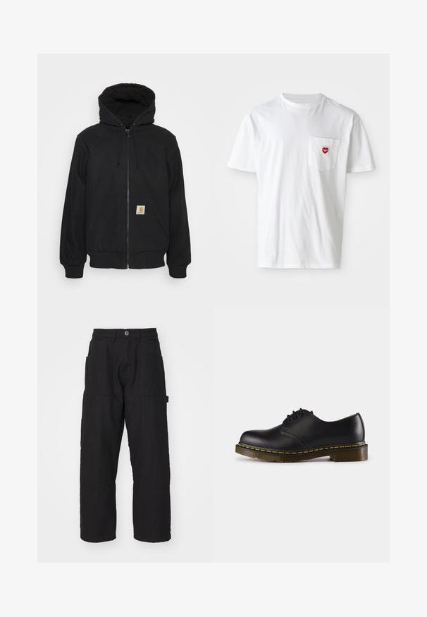 Čierna mikina na zips s prešívanou kapucňou, šnúrkami a prednými vreckami. Obsahuje nášivku s logom na ľavom vrecku a rebrované manžety.; Biela bavlnená tričko s okrúhlym výstrihom a krátkymi rukávmi. Na ľavej strane na vrecku na hrudi sa nachádza malé červené srdiečko.; Čierne cargo nohavice s rovnými nohavicami, vybavené viacerými vreckami a gombíkovým zapínaním. Vyrobené z odolnej bavlnenej tkaniny s viditeľným prešívaním.; Čierna kožená topánka s okrúhlou špičkou, šnurovací dizajn, žlté prešívanie pozdĺž podrážky a masívna, textúrovaná gumová podrážka.