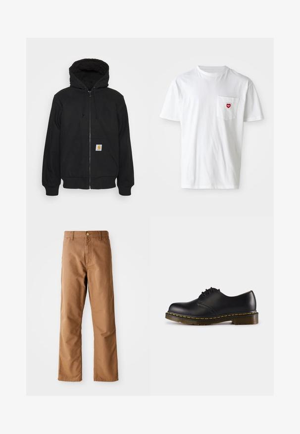 Black zip-up hoodie with a quilted hood, drawstrings, and front pockets. Features a logo patch on the left pocket and ribbed cuffs.; White cotton t-shirt with a round neckline and short sleeves. Features a small red heart logo on the left chest pocket.; Brown straight-leg pants with belt loops, front pockets, button closure, and zipper fly on a white background.; Black leather shoe with rounded toe, lace-up design, yellow stitching along the sole, and a chunky, textured rubber outsole.