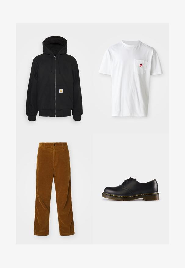 Svart zip-up hettegenser med quiltet hette, snorer og frontlommer. Har en logo-patch på venstre lomme og ribbestrikkede mansjetter.; Hvit bomulls t-skjorte med rund hals og korte ermer. Har en liten rød hjerte-logo på venstre brystlomme.; Carhartt WIP SINGLE KNEE PANT - Bukse - deep brown rinsed; Sorte skinnsko med rund tå, snøringsdesign, gul søm langs sålen og en kraftig, teksturert gummisåle.