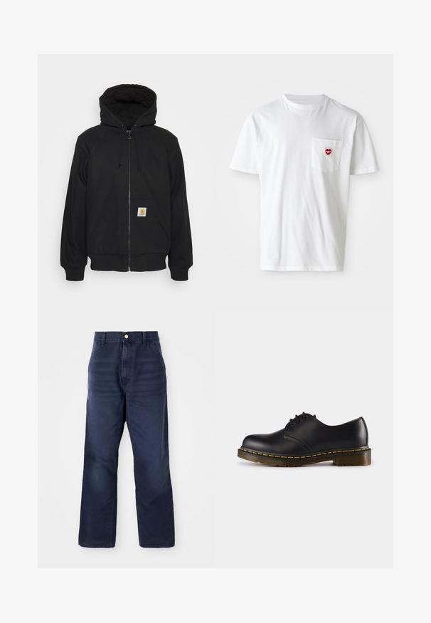 Schwarze Zip-Jacke mit einer gesteppte Kapuze, Kordelzügen und Fronttaschen. Enthält ein Logo-Patch auf der linken Tasche und gerippte Bündchen.; Weißes Baumwoll-T-Shirt mit rundem Halsausschnitt und kurzen Ärmeln. Verfügt über ein kleines rotes Herzlogo auf der linken Brusttasche.; Dunkelblaue Denim-Hosen mit geradem Bein, ausgestattet mit einem vorderen Knopfverschluss, Gürtelschlaufen und ohne sichtbare Muster oder Akzente.; Schwarzer Lederschuh mit abgerundeter Zehenpartie, Schnürdesign, gelbe Stickerei entlang der Sohle und einer kräftigen, strukturierten Gummisohle.