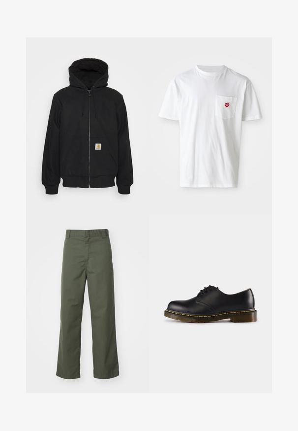 Black zip-up hoodie with a quilted hood, drawstrings, and front pockets. Features a logo patch on the left pocket and ribbed cuffs.; White cotton t-shirt with a round neckline and short sleeves. Features a small red heart logo on the left chest pocket.; Olive green straight-leg pants made of cotton. Features a smooth texture, flat front, and standard waistband with belt loops.; Black leather shoe with rounded toe, lace-up design, yellow stitching along the sole, and a chunky, textured rubber outsole.