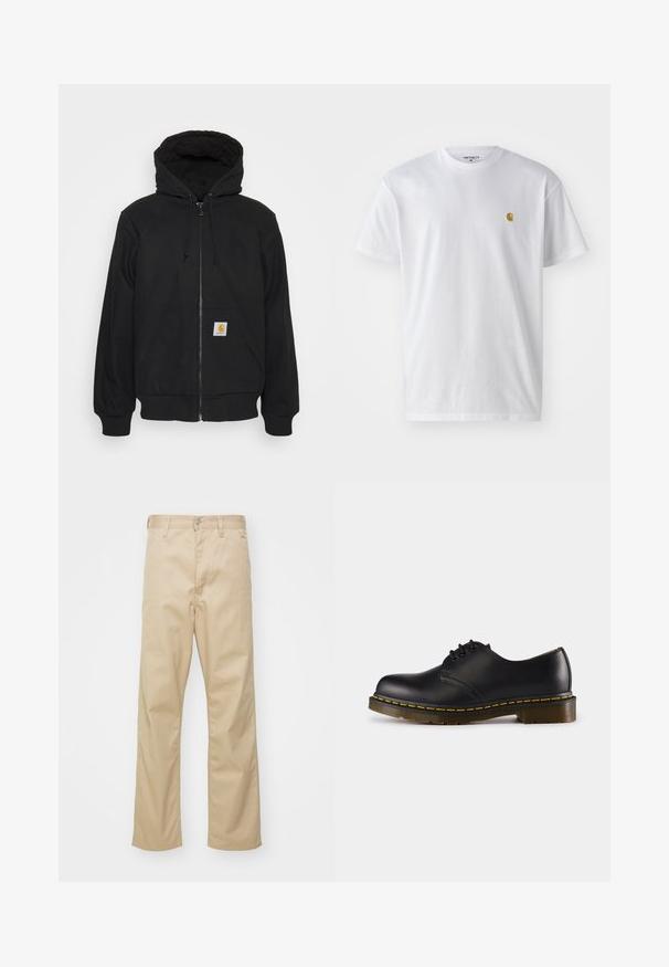 Black zip-up hoodie with a quilted hood, drawstrings, and front pockets. Features a logo patch on the left pocket and ribbed cuffs.; White cotton t-shirt with short sleeves, crew neck, featuring a small gold logo on the left chest area. Soft texture and regular fit.; Beige cotton trousers with a straight-leg design, featuring a front button closure, belt loops, and two side pockets. Smooth texture.; Black leather shoe with rounded toe, lace-up design, yellow stitching along the sole, and a chunky, textured rubber outsole.