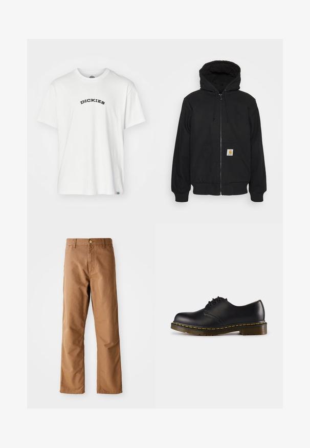 Juodas zip-up hoodie su siūtu gobtuvu, raišteliais ir priekinių kišenių. Kairėje kišenėje yra logotipo pleistras, o rankogaliai yra raukšlėti.; Baltas trumpas rankovėmis marškinėliai, pagaminti iš medvilnės, su juodu kreiptu "DICKIES" logotipu per krūtinę, apvaliu iškirpimu ir laisvu kirpimu.; Rudos tiesaus kirpimo kelnes su diržo kilpomis, priekinėmis kišenėmis, mygtuko užsegimu ir užtrauktuku ant balto fono.; Juodos odinės batai su apvaliu pirštu, su raišteliais, geltonu siūliniu aplink padą ir masyviu, tekstūruotu guminiu padu.