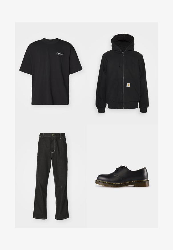 Black zip-up hoodie with a quilted hood, drawstrings, and front pockets. Features a logo patch on the left pocket and ribbed cuffs.; Black short-sleeve t-shirt made of cotton. Features a crew neckline and a small white logo on the left chest. Standard fit.; Black denim jeans with a loose fit, featuring contrasting white stitching, a button closure, and a straight leg design.; Black leather shoe with rounded toe, lace-up design, yellow stitching along the sole, and a chunky, textured rubber outsole.