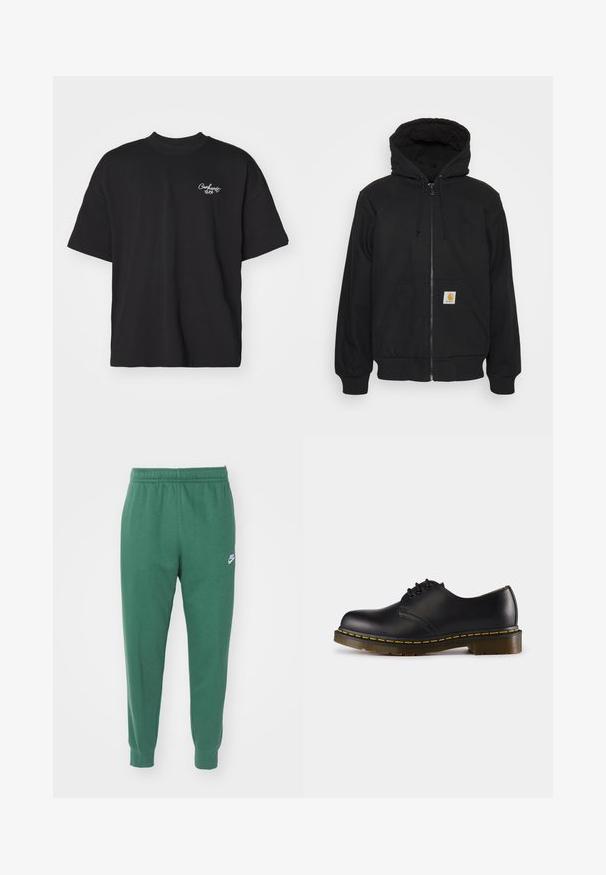 Sudadera con cremallera negra y capucha acolchada, con cordones y bolsillos delanteros. Presenta un parche con el logo en el bolsillo izquierdo y puños de canalé.; Camiseta negra de manga corta hecha de algodón. Presenta un cuello redondo y un pequeño logo blanco en el lado izquierdo del pecho. Ajuste estándar.; Nike Sportswear CLUB JGGR - Pantalones deportivos - fir/white; Zapato de cuero negro con punta redondeada, diseño de cordones, costuras amarillas a lo largo de la suela y suela de goma gruesa y texturizada.