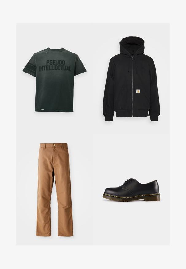 Zwarte zip-up hoodie met een gewatteerde capuchon, trekkoorden en voorzakken. Heeft een logopatch op de linkse zak en ribgebreide manchetten.; Zwarte katoen t-shirt met "PSEUDO INTELLECTUAL" in vette letters. Korte mouwen, ronde hals en versleten details bij de kraag.; Bruine rechte broek met riemlussen, voorkant zakken, knoopsluiting en rits op een witte achtergrond.; Zwarte leren schoen met een ronde neus, vetersluiting, gele stiksels langs de zool en een stevige, geprofileerde rubberen buitenzool.