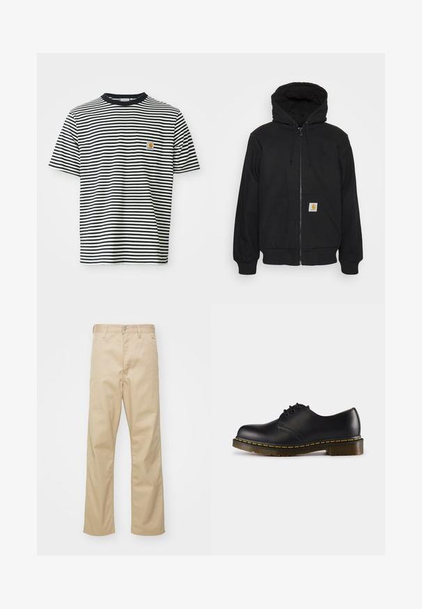 Juodas zip-up hoodie su siūtu gobtuvu, raišteliais ir priekinių kišenių. Kairėje kišenėje yra logotipo pleistras, o rankogaliai yra raukšlėti.; Juodai baltas horizontalių juostelių trumpomis rankovėmis marškinėliai su mažu krūtinės kišenėle, kurioje yra oranžinė Carhartt logotipo aplikacija.; Bežiniai medvilniniai kelnės su tiesiu kirpimu, turinčios priekinį užsegimą mygtuku, diržo kilpos ir du šoninius kišenes. Švelni tekstūra.; Juodos odinės batai su apvaliu pirštu, su raišteliais, geltonu siūliniu aplink padą ir masyviu, tekstūruotu guminiu padu.