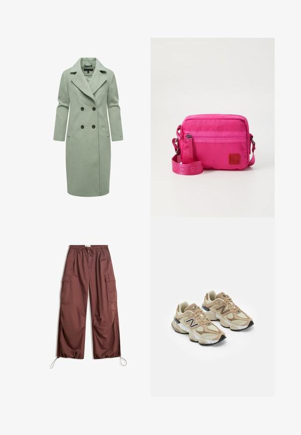 Jasnozielony płaszcz z mieszanki wełny w podwójnym zapięciu, z klapami kołnierza, dwoma przednimi kieszeniami i czarnymi guzikami.; Koszula w paski w kolorze różowym i białym. Wykonana z lekkiej tkaniny, z kieszenią na piersi. Posiada guziki wzdłuż zakładki i mankietu.; Szerokie brązowe spodnie cargo z elastycznym paskiem w talii, sznureczkiem do regulacji, dużymi kieszeniami bocznymi oraz regulowanymi sznureczkami przy kostkach.; Beżowe sneakersy z siateczki i zamszu. Zawierają czarne logo i teksturowane akcenty. Gruba biała środkowa podeszwa i czarna gumowa podeszwa.; Różowa nylonowa torebka na ramię z zamykaną na zamek przednią kieszenią, regulowanym paskiem i fakturowaną naszywką logo. Kompaktowy prostokątny kształt.