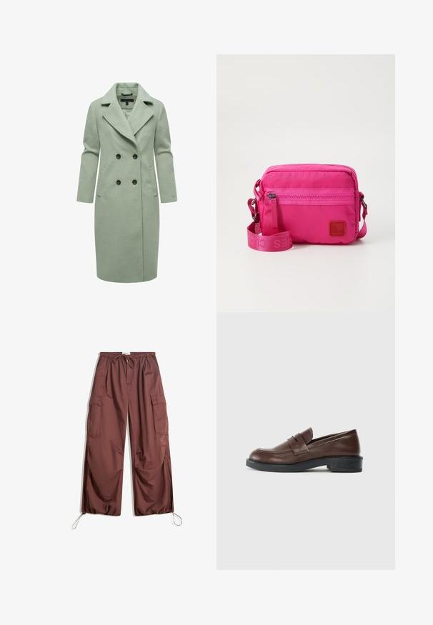 Lichtgroene wolblend jas met een dubbelzijdig ontwerp, voorzien van een opstaande kraag, twee borstzakken en zwarte knopen.; Rood en roze gestreepte stof met een gladde textuur, met smalle afwisselende strepen en een subtiele glans.; Zijde-brede bruine cargobroek met elastische tailleband, trekkoord, grote zijzakken en verstelbare enkelkoord.; Bruine leren loafers met een ronde neus, voorzien van een decoratieve band over de bovenkant, en een lage, getextureerde zwarte rubberen hak.; Roze nylon schoudertas met een ritsvak aan de voorkant, verstelbare schouderband en een getextureerde logopatch. Compacte rechthoekige vorm.