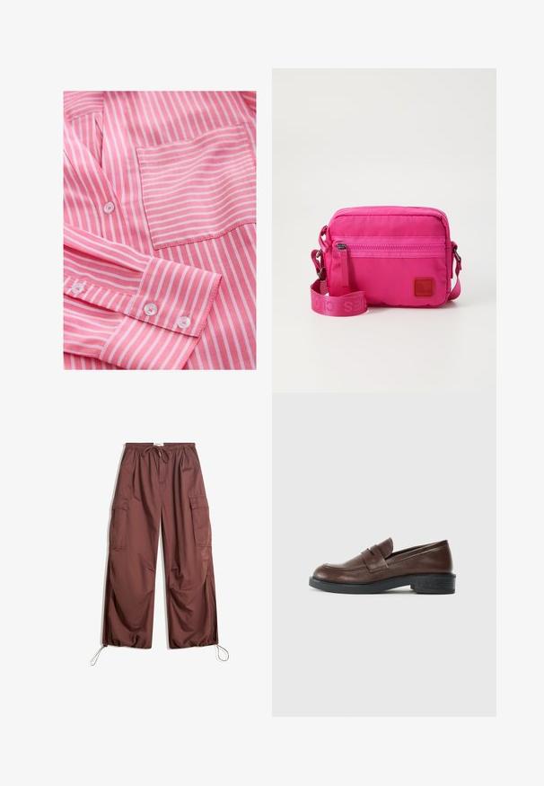 Light green wool blend coat with a double-breasted design, featuring a notched collar, two front pockets, and black buttons.; Striped shirt in pink and white. Made of lightweight fabric with a chest pocket. Features buttons along the placket and cuff.; Wide-leg brown cargo pants with elastic waistband, drawstring tie, large side pockets, and adjustable ankle cords.; Brown leather loafers with a rounded toe, featuring a decorative strap across the upper, and a low, textured black rubber heel.; Pink nylon crossbody bag with a zippered front pocket, adjustable strap, and a textured logo patch. Compact rectangular shape.