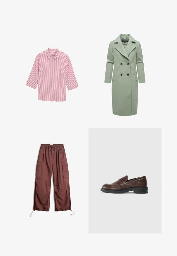 Vihreä villasekoitekappale, jossa on kaksoisnapitus, hapsureunainen kaulus, kaksi etutaskua ja mustat napit.; Vaaleanpunaisesta ja valkoisesta raidallisesta napitettavasta paidasta, jossa on kaulus ja kolmivartiset hihat. Paita on valmistettu sileästä kankaasta ja siinä on tasaisesti sijoitettuja pystysuoria raitoja.; Kapeat ruskeat cargo-housut, joissa on elastinen vyötärö, kiristysnauha, suuret sivutaskut ja säädettävät nilkkaköydet.; Ruske nahkalevät, og rund tå, med et dekorativt bånd over vristen, og en lav, teksturert svart gummihæl.