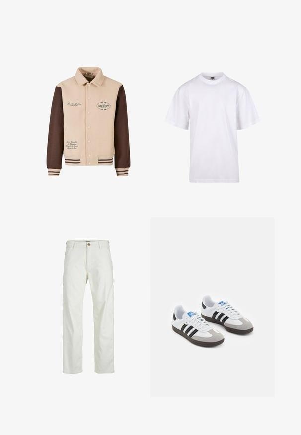 Beige und braune Jacke mit Knopfleiste, Kragen, gesticktem Text und gestreiften Bündchen. Hergestellt aus weichem Stoff, mit dekorativen Patches.; Weißes Baumwoll-T-Shirt mit Rundhalsausschnitt, kurzen Ärmeln und lockerer Passform. Hat ein schlichtes Design ohne Muster oder Akzente.; Weiße Cargo-Hosen mit lockerer Passform, vorn mit Knopfverschluss und mehreren Taschen an den Seiten, aus strapazierfähigem Baumwollmaterial gefertigt.; Sportschuhe mit einem Obermaterial aus weißem Leder, grauer Wildleder-Zehenkappe und drei schwarzen Streifen. Sie verfügen über ein blaues Logo auf der Zunge und eine strukturierte Gummisohle.
