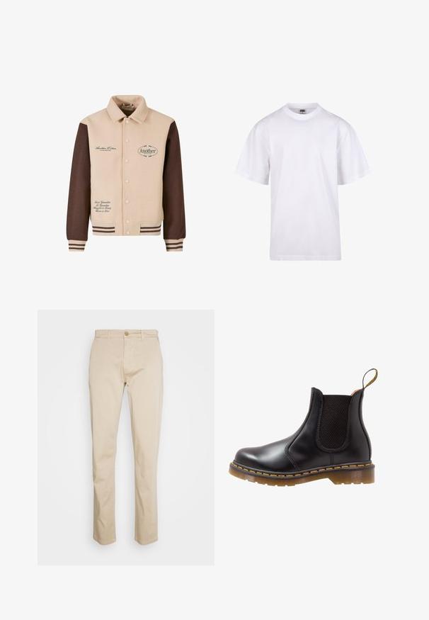Beige og brun jakke med knapfront, krave, broderet tekst og stribede manchetter. Fremstillet af blødt stof, med dekorative lapper.; Hvid bomulds T-shirt med rund halsudskæring, korte ærmer og en afslappet pasform. Har et enkelt design uden mønstre eller dekorationer.; Beige bomulds chinos med lige ben design, der har knaplukning og en subtil tekstur. Ingen synlige mønstre eller accenter.; Sort læder Chelsea støvle med elastiske sidepaneler, gul syning og en struktureret gummisål. Har en træksløjfe for nem påtagning.