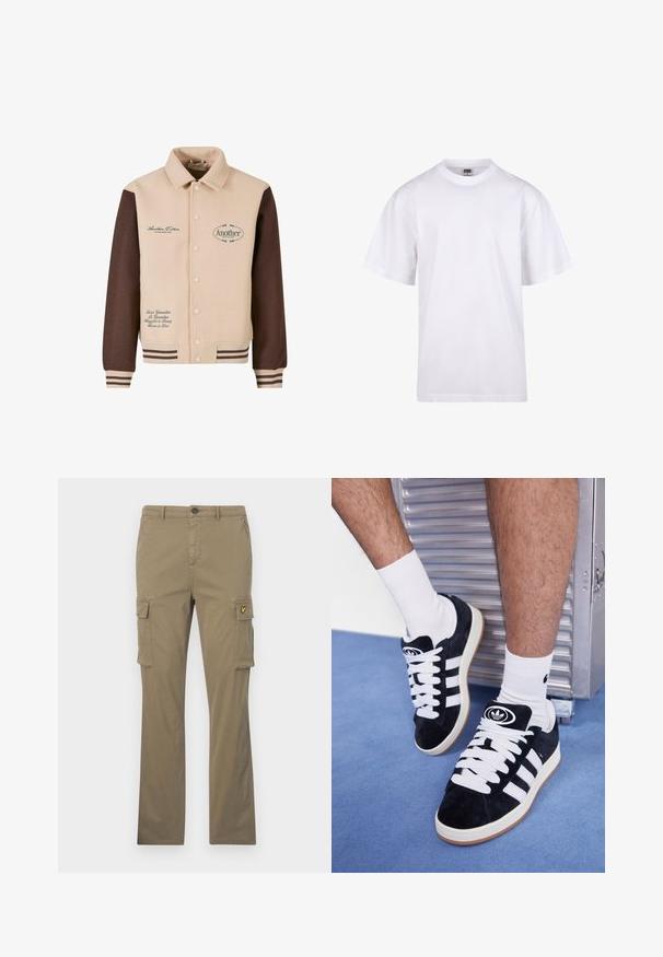 Béžová a hnedá bunda s gombíkovým zapínaním, golierom, vyšitým textom a pruhovanými manžetami. Vyrobená z jemnej tkaniny a obsahuje dekoratívne nášivky.; Biela bavlnená tričko s okrúhlym výstrihom, krátkymi rukávmi a voľným strihom. Má jednoduchý dizajn bez vzorov alebo akcentov.; Khaki cargo nohavice vyrobené z bavlny so rovnými nohami, dvomi bočnými vreckami a malou žltou nášivkou na ľavom vrecku.; Čierne semišové tenisky s bielymi šnúrkami a tromi bielymi pruhmi. Obsahujú kruhové čierne logo na jazyku a gumovú podrážku.