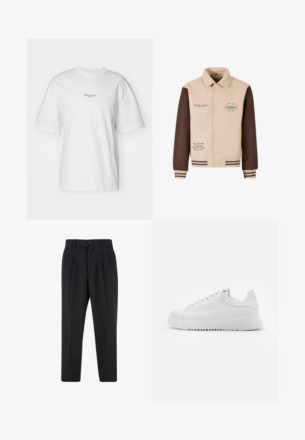 Chaqueta beige y marrón con botonadura en el frontal, cuello con solapa, texto bordado y puños a rayas. Hecha de un tejido suave, cuenta con parches decorativos.; Camiseta de algodón blanca con cuello redondo y mangas cortas. Presenta una pequeña impresión de texto negro que dice "ORIGINALS est. 1970" en la parte frontal.; Pantalones negros con un diseño de frente plisado, hechos de una tela suave. Cuentan con un cierre de botón y pasadores para cinturón; corte recto.; Zapatilla de cuero blanca con cierre de cordones, superficie texturada y una gruesa suela de goma blanca con borde dentado para mayor agarre.