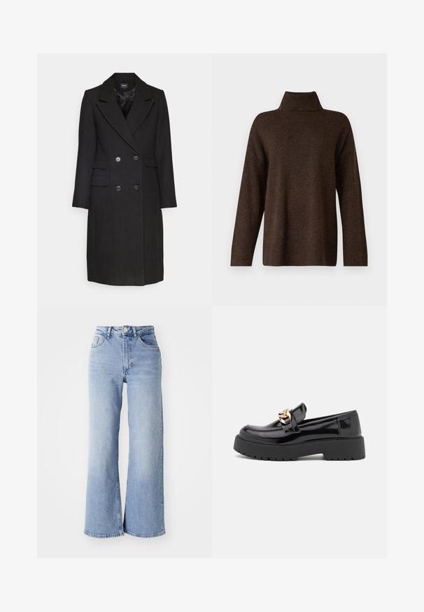 ONLY ONLMONIKA czarny; Brązowy sweter dzianinowy z wysokim prążkowanym kołnierzem, szerokimi rękawami i miękką teksturą. Oferuje luźny krój oraz prążkowane akcenty na rękawach.; Jasnoniebieskie spodnie o wysokim stanie, z szerokimi nogawkami, z przednimi i tylnymi kieszeniami, z zapięciem na guzik oraz subtelnym wyblaknięciem na udach i u dołu nogawek.; Czarne lakierowane loafersy z masywną czarną podeszwą i złotymi detalami. Gładka tekstura i zaokrąglony kształt noska.