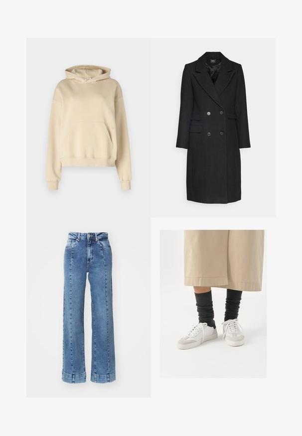 ONLY ONLMONIKA COAT  - Klasszikus kabát - black; Gina Tricot BASIC ORIGINAL HOODIE - Melegítőfelső - rainy day; Világoskék farmer széles lábú nadrág magas derékkal, elülső zsebekkel és varrott részletekkel. Az alja fel van hajtva és meg van varrva.; Fehér és szürke sportcipők fekete sarokrésszel, sima bőr felsőrésszel és texturált velúr orrral. Sötétszürke, laza zoknikkal viselve.